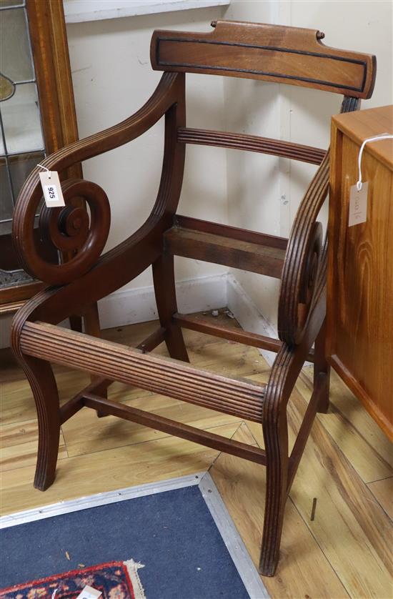 A Regency mahogany elbow chair (no seat)